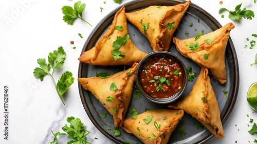 Golden-brown samosas, garnished with fresh cilantro and served with a side of vibrant red sauce. A delicious savory snack or appetizer.