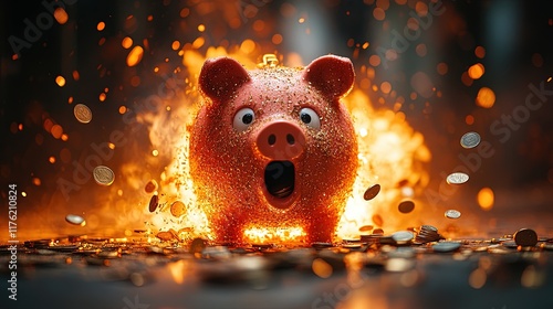 A glittery piggy bank surrounded by coins and flames, symbolizing financial excitement or unexpected wealth.