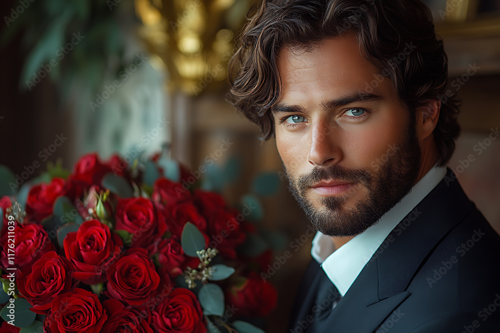 Elegant man in a black suit holding a bouquet of red roses against a light background, exuding charm and romance, perfect for Valentine’s Day or love-themed projects Elegant man in a black suit holding a bouquet of red roses against a light background, exuding charm and romance, perfect for Valentine’s Day or love-themed projects