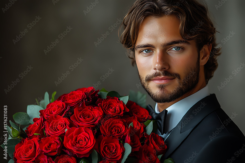 Elegant man in a black suit holding a bouquet of red roses against a light background, exuding charm and romance, perfect for Valentine’s Day or love-themed projects Elegant man in a black suit holding a bouquet of red roses against a light background, exuding charm and romance, perfect for Valentine’s Day or love-themed projects
