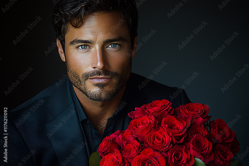 Elegant man in a black suit holding a bouquet of red roses against a light background, exuding charm and romance, perfect for Valentine’s Day or love-themed projects Elegant man in a black suit holding a bouquet of red roses against a light background, exuding charm and romance, perfect for Valentine’s Day or love-themed projects