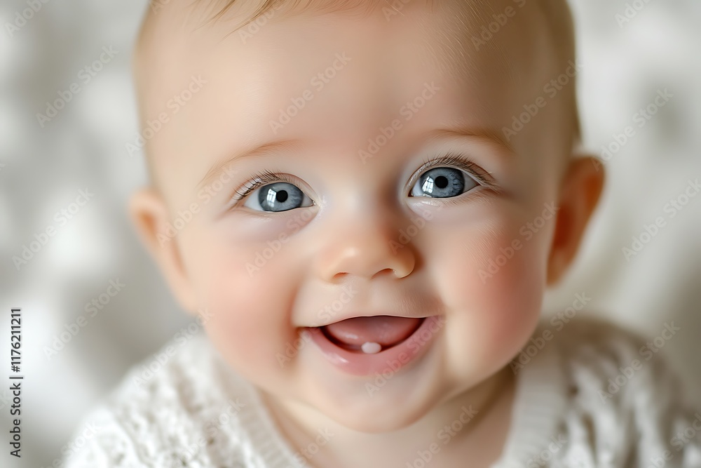 Adorable baby with captivating blue eyes and a heartwarming smile, showcasing the first signs of teething Adorable baby with captivating blue eyes and a heartwarming smile, showcasing the first signs of teething
