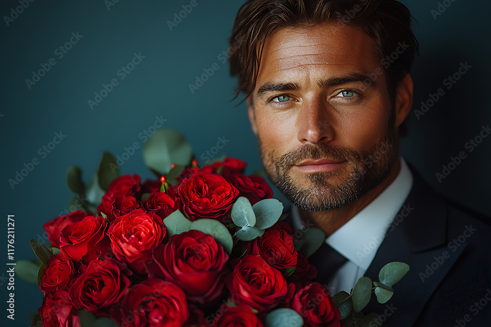 Elegant man in a black suit holding a bouquet of red roses against a light background, exuding charm and romance, perfect for Valentine’s Day or love-themed projects Elegant man in a black suit holding a bouquet of red roses against a light background, exuding charm and romance, perfect for Valentine’s Day or love-themed projects