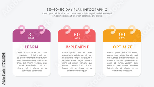 30 60 90 day plan management infographic with calendar shape illustration
