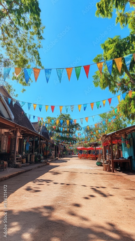 Obraz premium Festive Street Scene Colorful Bunting, Shops, Sunny Day.