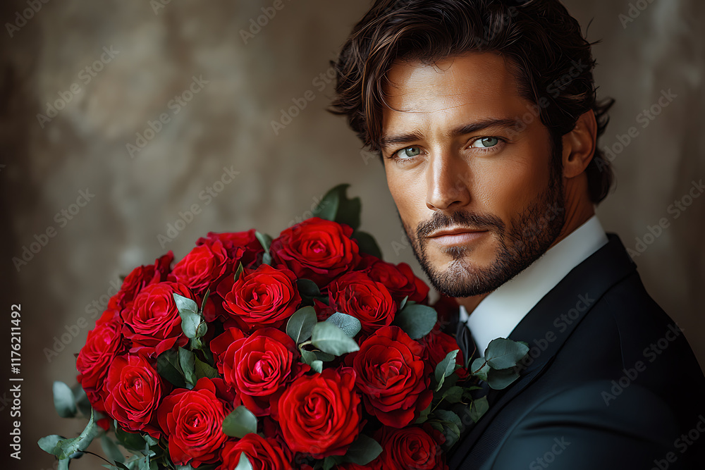 Elegant man in a black suit holding a bouquet of red roses against a light background, exuding charm and romance, perfect for Valentine’s Day or love-themed projects Elegant man in a black suit holding a bouquet of red roses against a light background, exuding charm and romance, perfect for Valentine’s Day or love-themed projects