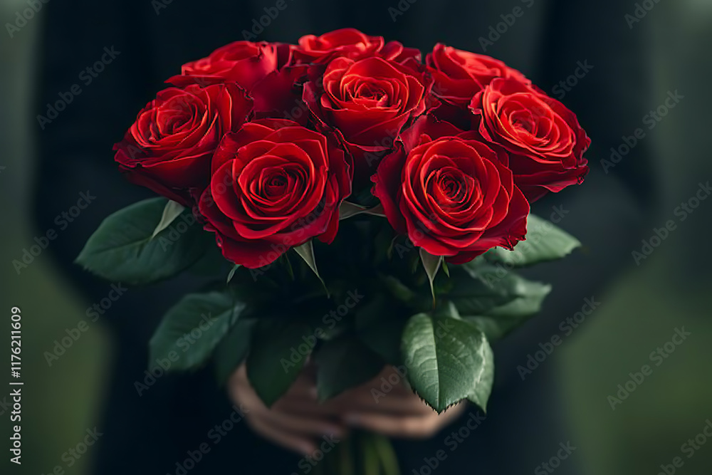 Obraz premium Elegant man in a black suit holding a bouquet of red roses against a light background, exuding charm and romance, perfect for Valentine’s Day or love-themed projects