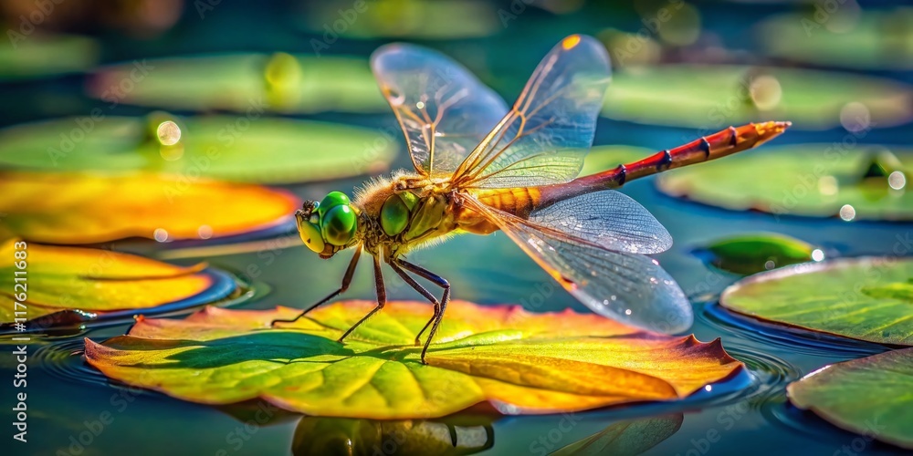 Dragonfly on Lily Pad: Serene Pond Life Nature Photography Dragonfly on Lily Pad: Serene Pond Life Nature Photography