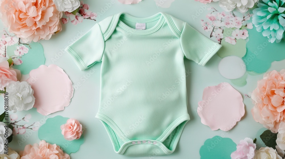 Baby bodysuit mockup and birthday A soft mint green baby onesie lies on a floral background, surrounded by colorful flowers, creating a charming and playful atmosphere. Baby bodysuit mockup and birthday A soft mint green baby onesie lies on a floral background, surrounded by colorful flowers, creating a charming and playful atmosphere.