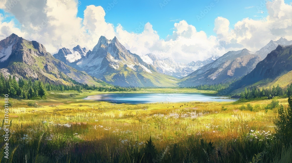 Serene Mountain Lake Landscape with Lush Grass and White Flowers Serene Mountain Lake Landscape with Lush Grass and White Flowers