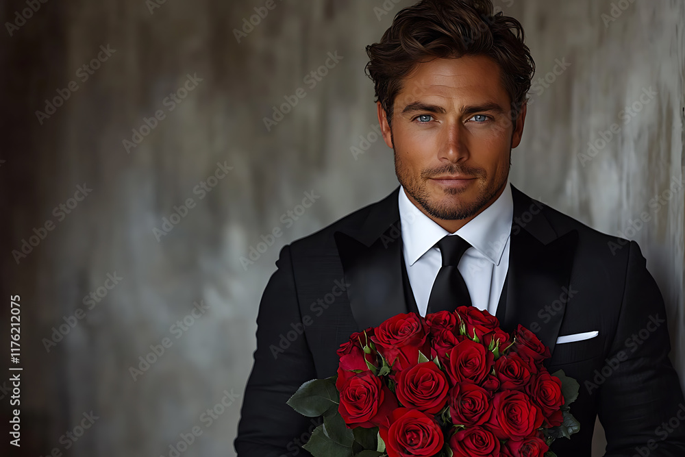 Elegant man in a black suit holding a bouquet of red roses against a light background, exuding charm and romance, perfect for Valentine’s Day or love-themed projects Elegant man in a black suit holding a bouquet of red roses against a light background, exuding charm and romance, perfect for Valentine’s Day or love-themed projects