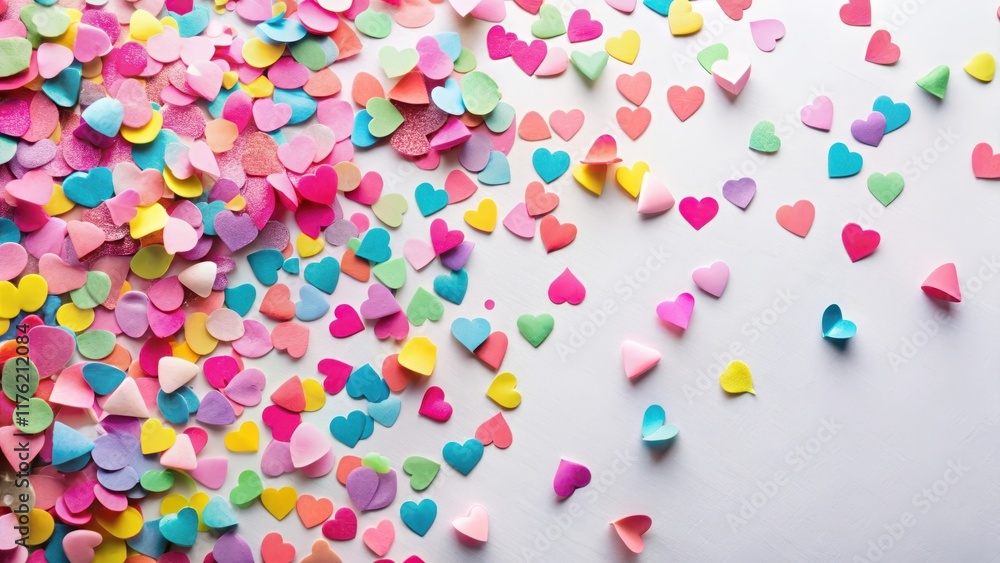 Colorful confetti with pink paper hearts scattered on a white background, creating a playful and festive atmosphere, confetti Colorful confetti with pink paper hearts scattered on a white background, creating a playful and festive atmosphere, confetti