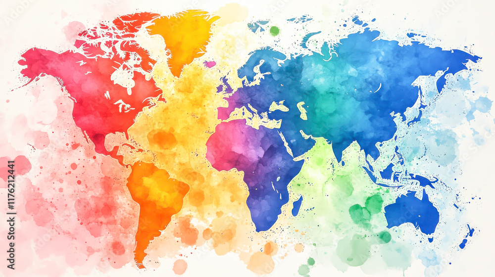 Naklejka premium Rainbow water color splatter art style World map