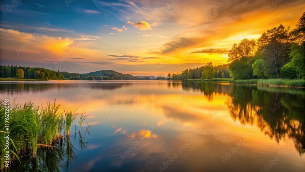 Serene lake at dusk with a warm golden light reflecting off its calm surface Serene lake at dusk with a warm golden light reflecting off its calm surface