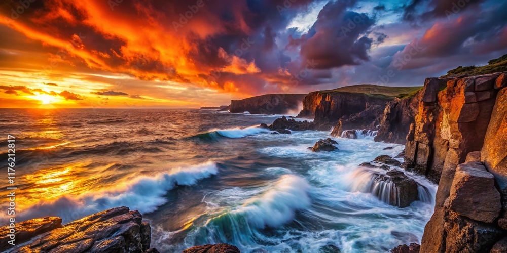 Naklejka premium Dramatic Sunset Long Exposure Ocean Cliff, Crashing Waves, Dark Rocks