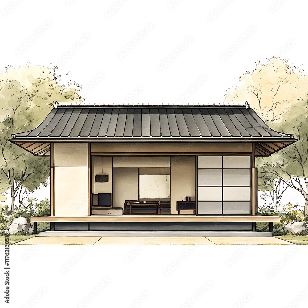 Fototapeta premium Architectural illustration of a traditional Japanese-style house nestled in a serene garden setting.