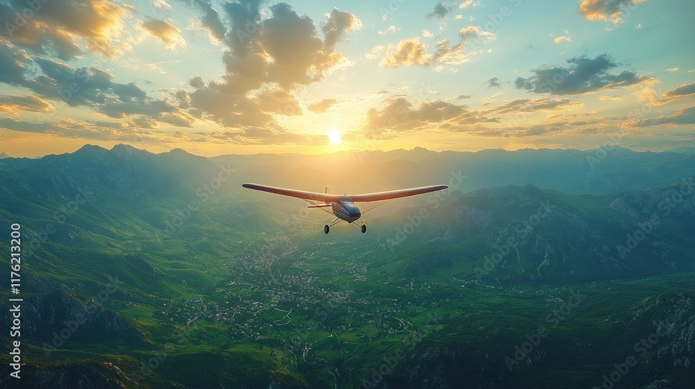 A small airplane flying over a scenic mountainous landscape at sunset. A small airplane flying over a scenic mountainous landscape at sunset.