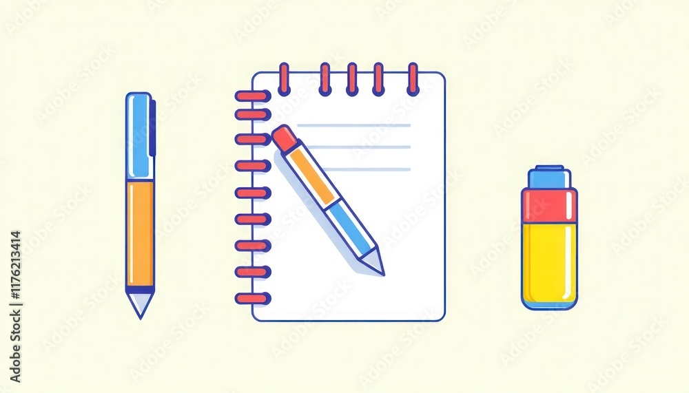 Stationery Tools Icon Set. Icon set of a notebook, pen, and highlighter with vibrant accents. Stationery Tools Icon Set. Icon set of a notebook, pen, and highlighter with vibrant accents.