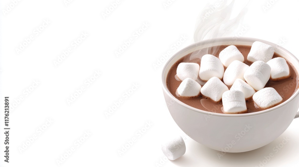 A warm bowl of hot chocolate topped with fluffy marshmallows. A warm bowl of hot chocolate topped with fluffy marshmallows.