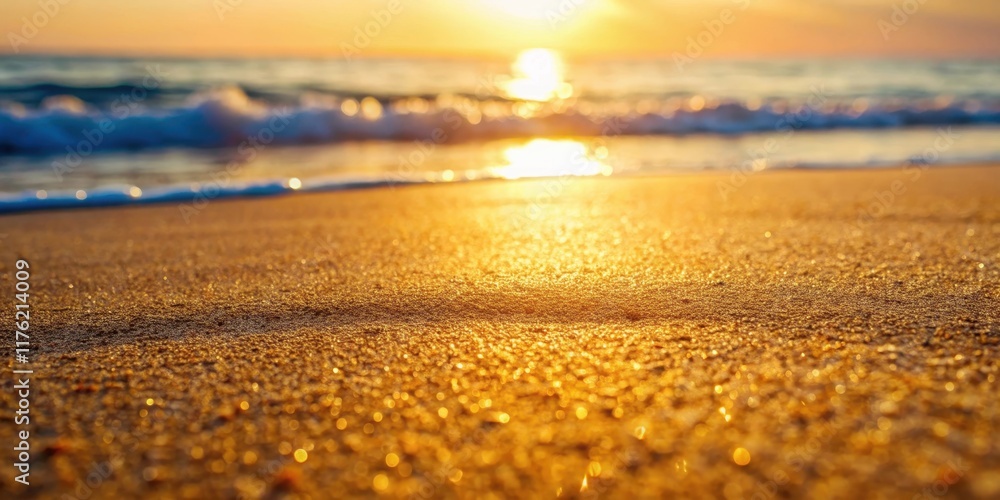 Obraz premium Fine grain sand texture on beach shore surface, golden light reflection, beach, landform, beach, landform