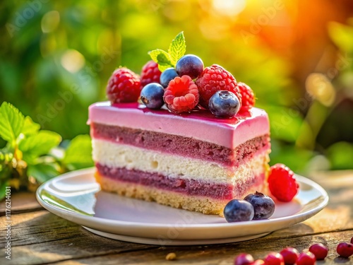 Drone View: Elegant Pink Layered Cake Slice with Juicy Berries