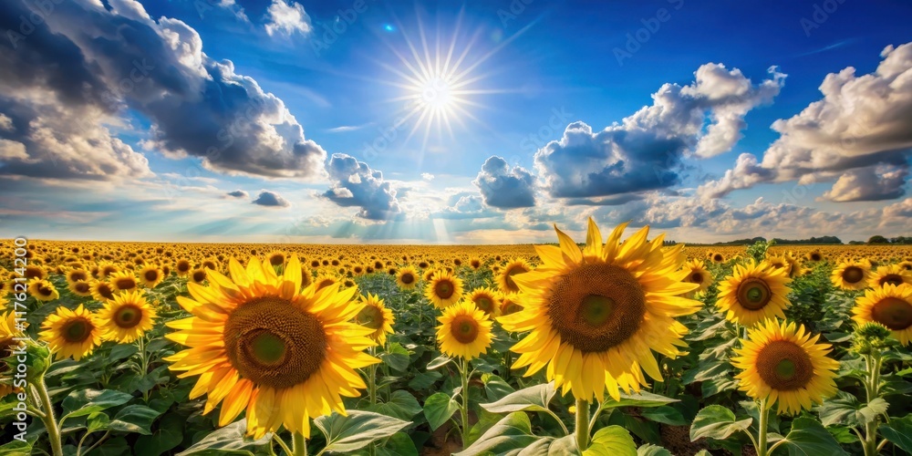 Fototapeta premium Golden Sunflowers in a vast field under a bright blue sky with fluffy white clouds and the sun shining down through the gaps