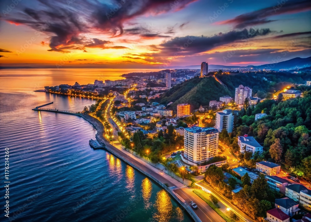 Fototapeta premium Drone View: Sochi Seaside & Illuminated City at Dusk, Russia