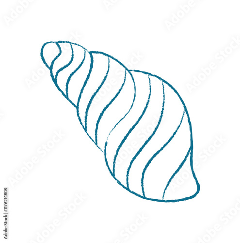 Chalk seashell doodle. Crayon marine shell sketch. Aquatic creature in ocean, flat texture style, suitable for summer backgrounds or educational materials.