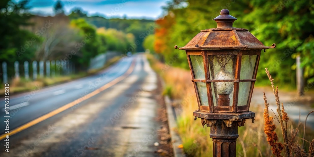 Old Street Lamp with Rusty Metal Guard Rail , abandoned road, urban decay Old Street Lamp with Rusty Metal Guard Rail , abandoned road, urban decay