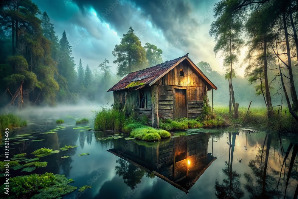 Obraz premium Eerie Mist-Shrouded Swampland Cabin - Atmospheric Architectural Photography