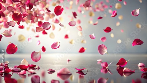 Rose petals floating gently in air, drifting away from camera lens , serene, rose petals,  serene, rose petals
