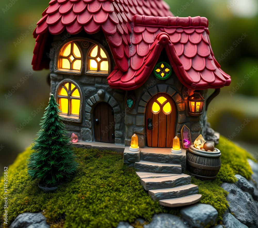 Fototapeta premium Whimsical Fairy-Tale House: Mossy Hill Setting, Glowing Windows, Red Tiled Roof with Geometric Patterns, Stone Walls, Gem Decorations, and Magical Crystals Creating a Cozy and Enchanting Scene