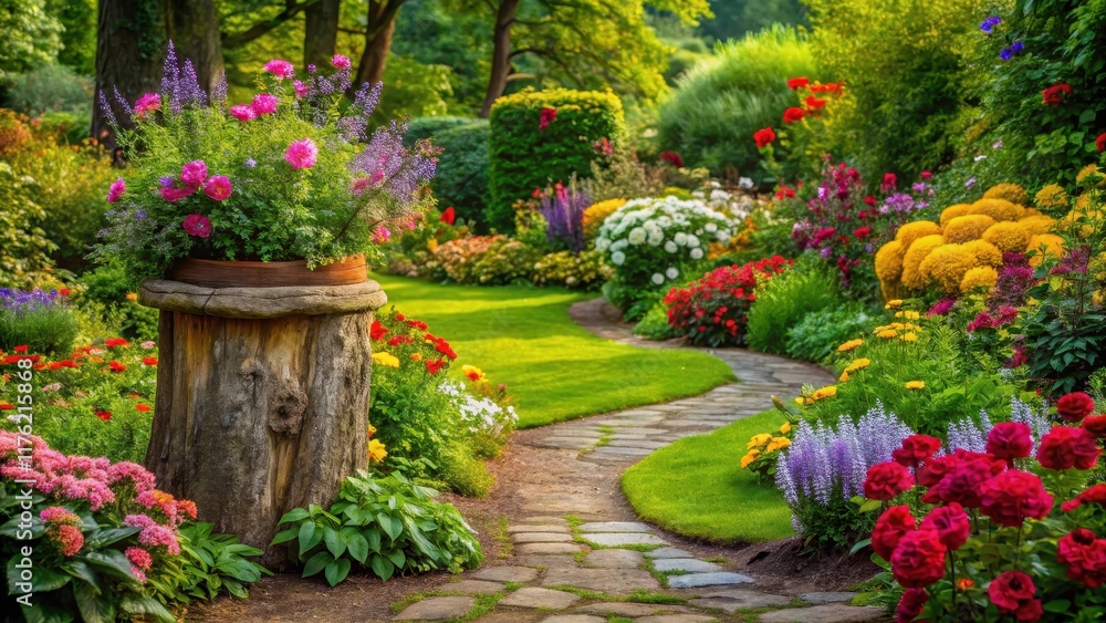 Obraz premium A lush garden with vibrant flowers blooming around a wooden tree stump, surrounded by greenery and a winding stone path, garden flowers, wooden stump