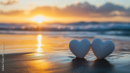 Romantic sunset at the beach with heart-shaped shells tropical environment scenic viewpoint emotive concept