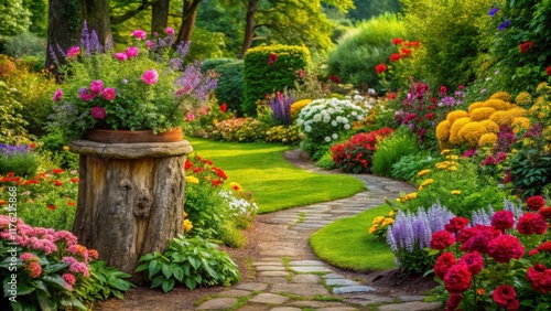 Wallpaper Mural A lush garden with vibrant flowers blooming around a wooden tree stump, surrounded by greenery and a winding stone path, garden flowers, wooden stump Torontodigital.ca