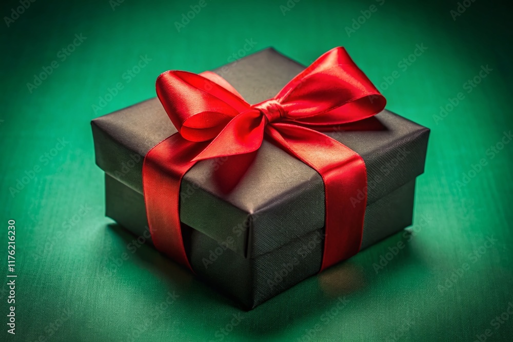 Elegant Black Gift Box with Red Ribbon on Green Background - Luxury Present Elegant Black Gift Box with Red Ribbon on Green Background - Luxury Present