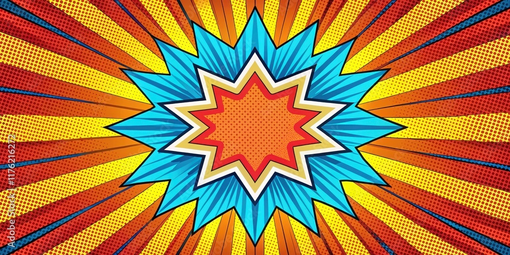 Fototapeta premium Brightly colored comic book style artwork on a radial backdrop with bold lines and vibrant patterns