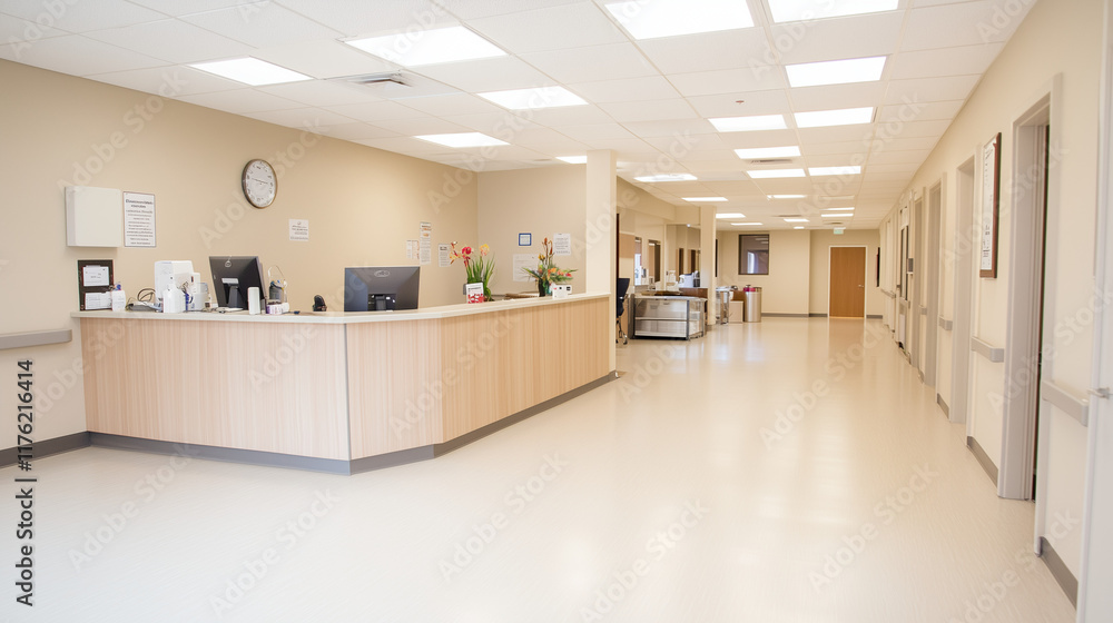 Fototapeta premium Modern Hospital Reception and Corridor: Clean, bright, and inviting hospital interior showcasing a contemporary reception desk and a long, well-lit corridor. Perfect for healthcare, medical.