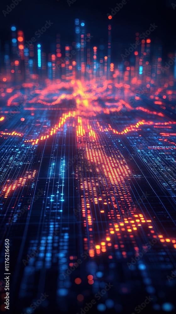 Fototapeta premium A vibrant digital landscape featuring glowing data streams and abstract patterns representing technology and information.