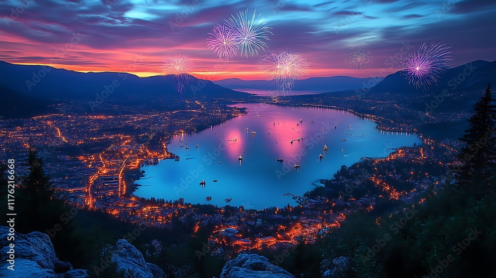 Fototapeta premium Festive Fireworks Over Cityscape at Sunset