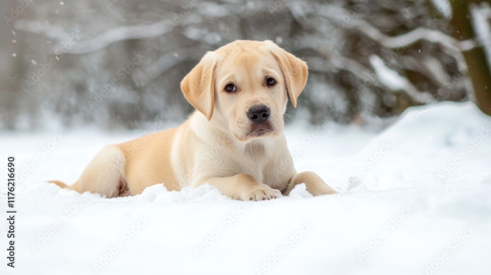 A playful yellow Labrador puppy resting in the snow. A playful yellow Labrador puppy resting in the snow.