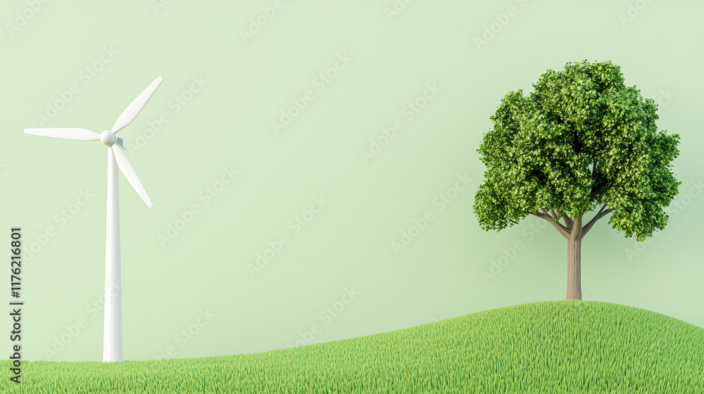 Obraz premium wind turbine and tree symbolize eco friendly energy and nature