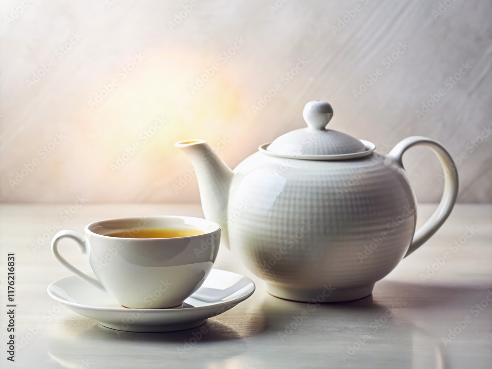 Elegant Ceramic Teapot and Teacup on White Background - Perfect for Tea Time Stock Photo Elegant Ceramic Teapot and Teacup on White Background - Perfect for Tea Time Stock Photo