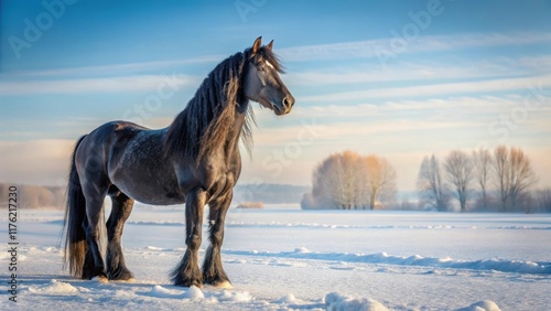 Wallpaper Mural Majestic Frisian horse standing alone on a blanket of pristine white snow, its coat glistening in the pale winter sun, as if illuminated from within , cold weather, equine Torontodigital.ca