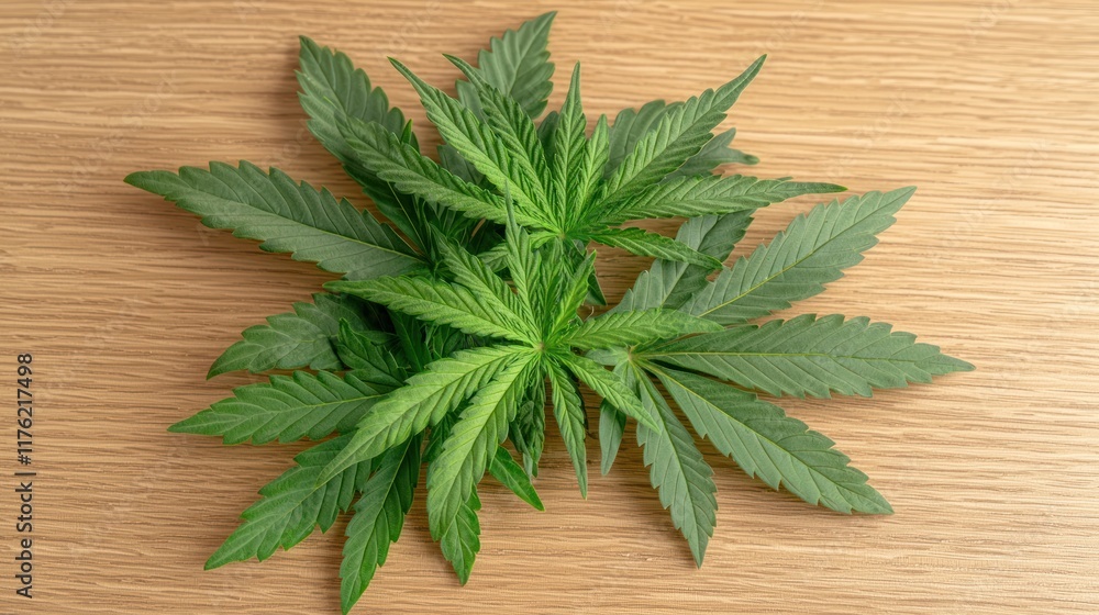 A cluster of cannabis leaves arranged on a wooden surface. A cluster of cannabis leaves arranged on a wooden surface.