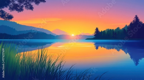 Serene Sunset Over a Still Lake with Mountain Silhouette