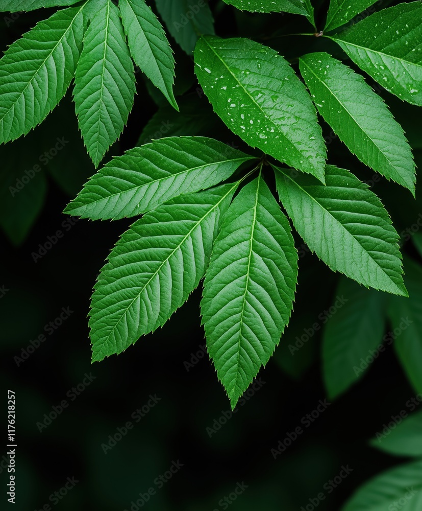 Close-up of lush green leaves with detailed texture and natural lighting Close-up of lush green leaves with detailed texture and natural lighting