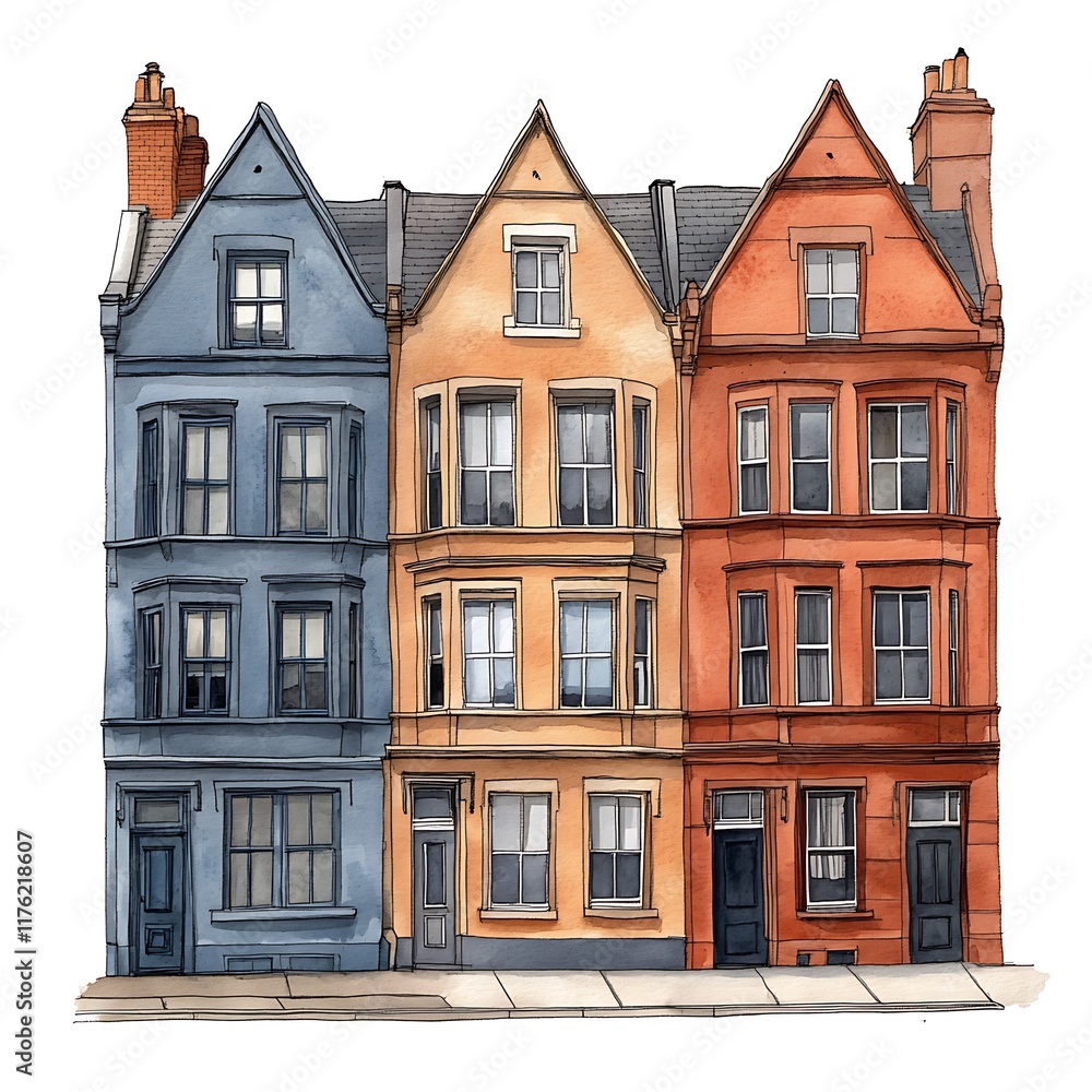 Fototapeta premium Watercolor Illustration of Three Colorful Victorian Townhouses on a City Street.