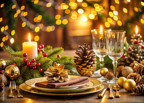 Elegant Holiday Table Setting with Pinecones: Festive Christmas Dinner Decor photo