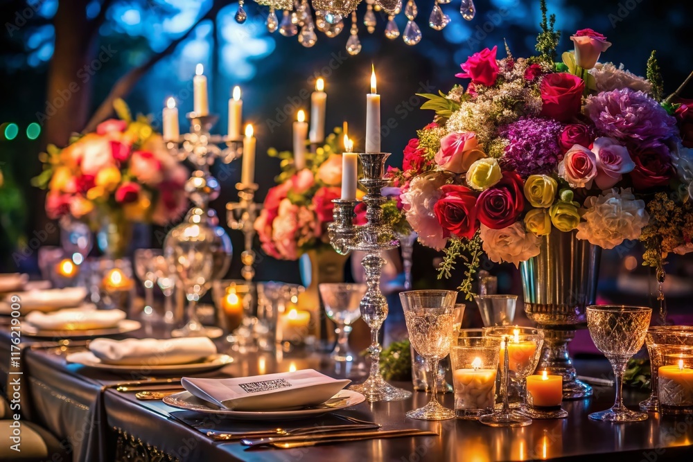 Elegant Night Banquet Table Setting with Flowers and Fine Chinaware Elegant Night Banquet Table Setting with Flowers and Fine Chinaware